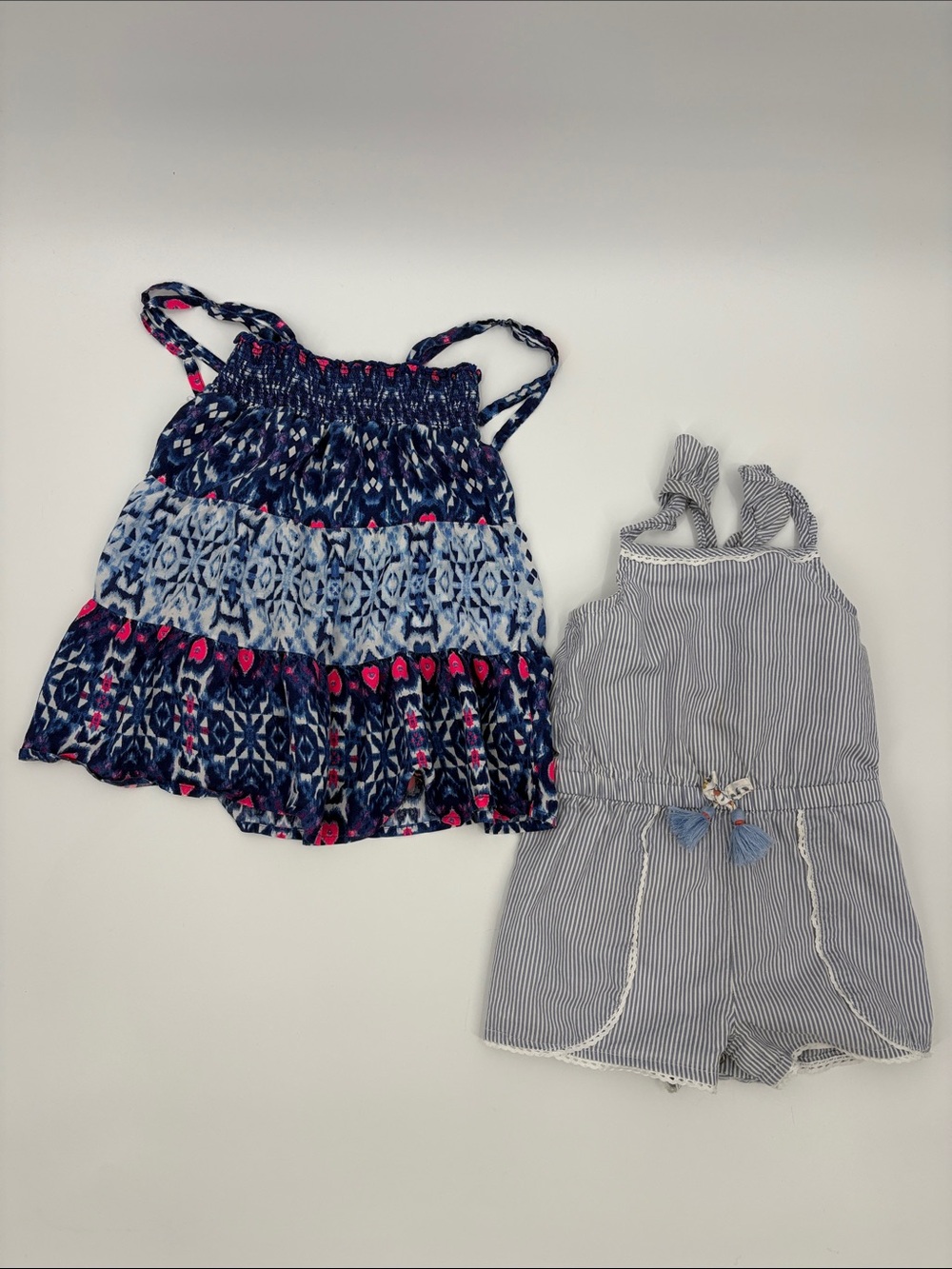Savannah & OshKosh Navy Patterned Dress & Blue-Striped Romper Size 2T